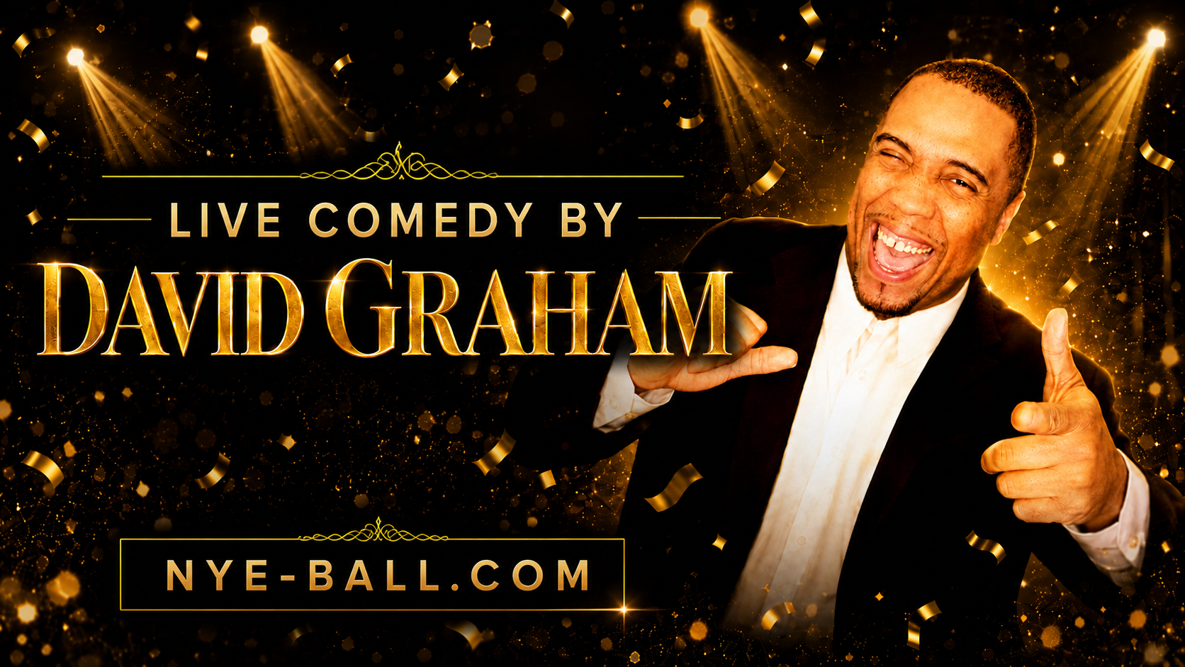 David Graham performing live comedy at the Black and Gold NYE Ball